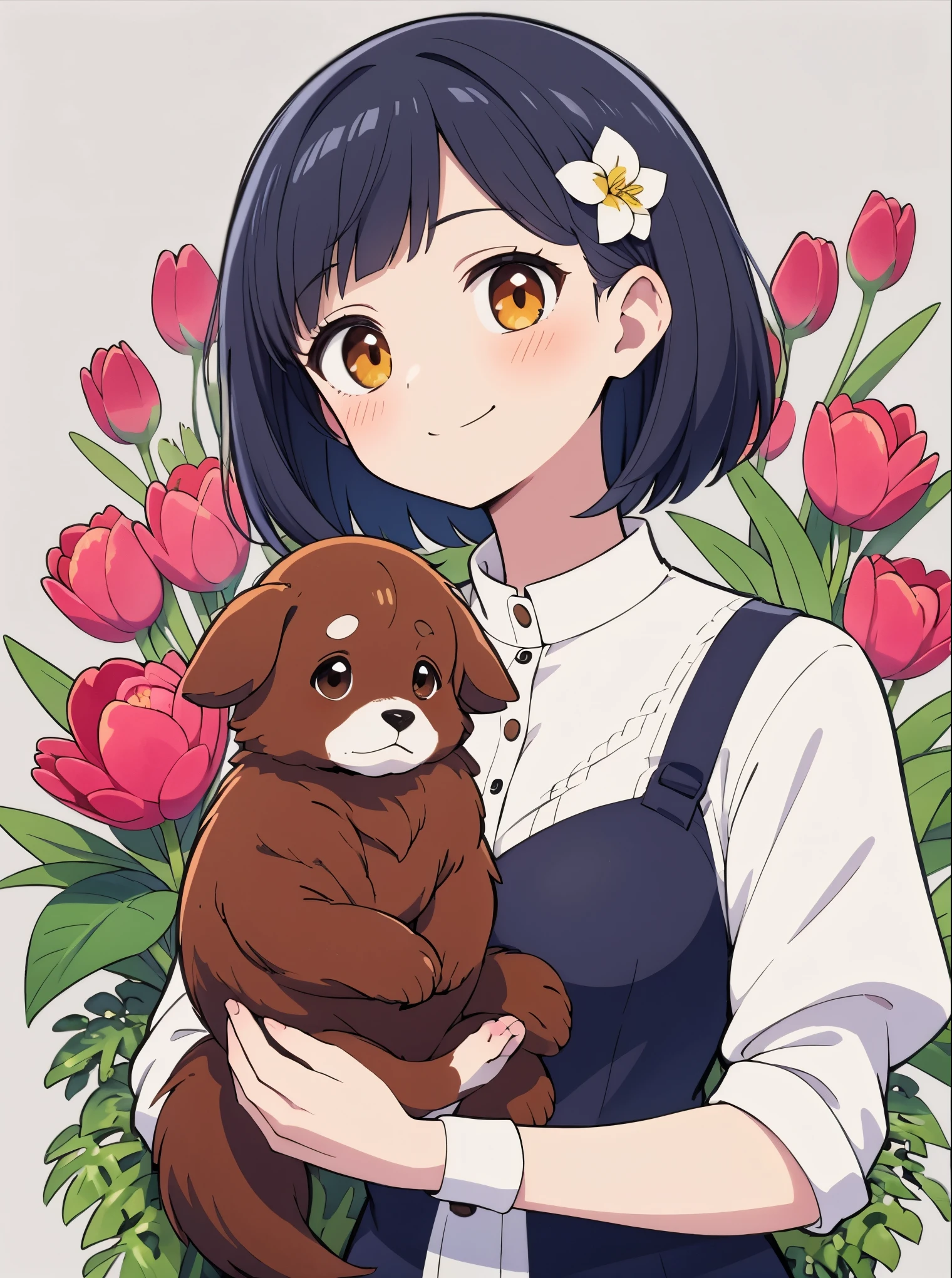 (masterpiece、highest quality、Beautiful and beautiful:1.2)、Good anatomy、Drawing of a girl with straight short hair、Shy smile、Cinnamon colored puppy、Holding a Dutch Decoy Spaniel、Flowers and leaves,Tulips