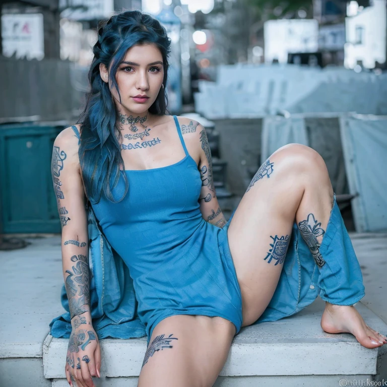 Pokket, filmed on DSLR, 8K, detailed face, blue hair, 25-year-old woman, is on the street in NYC, beautiful clothes, black tattoos, different position