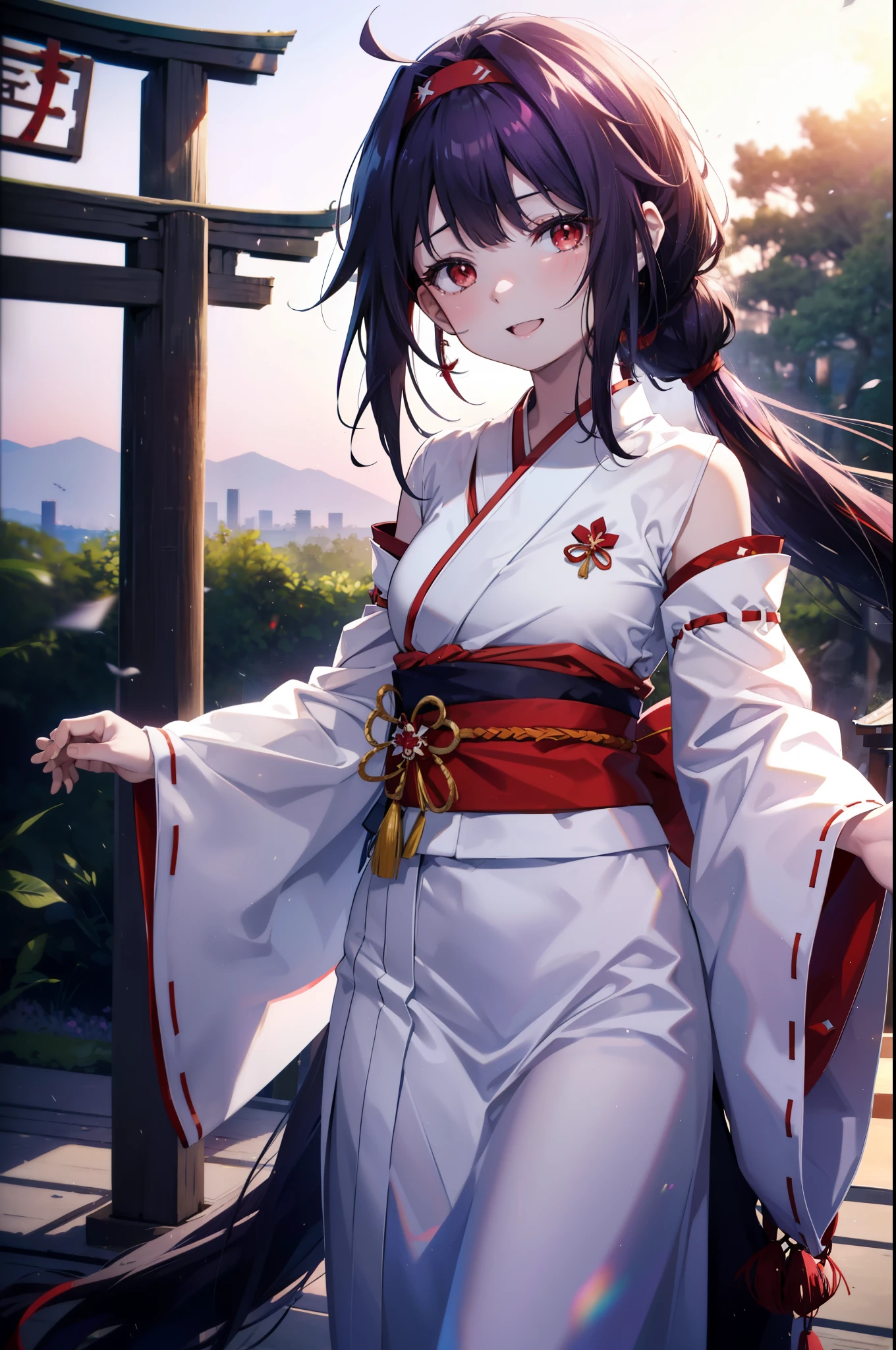yuukikonno, Konno Yuuki, hair band, Long Hair, Pointed Ears, Purple Hair, (Red eyes:1.5), (Small breasts:1.2), Open your mouth,
happy smile, smile, Open your mouth,Platycodon grandiflorum,Miko, White Kimono,Purple Hakama Kimono, Wide sleeves, Long sleeve, Thick sleeves,Ribbon-trimmed sleeves, とてもLong Hair, Blunt bangs, Low ponytail, evening,sunset,太陽が沈んでいるbreak outdoors, shrine,torii, break looking at viewer, (Cowboy Shot:1.5), break (masterpiece:1.2), highest quality, High resolution, unity 8k wallpaper, (figure:0.8), (Beautiful fine details:1.6), Highly detailed face, Perfect lighting, Highly detailed CG, (Perfect hands, Perfect Anatomy),