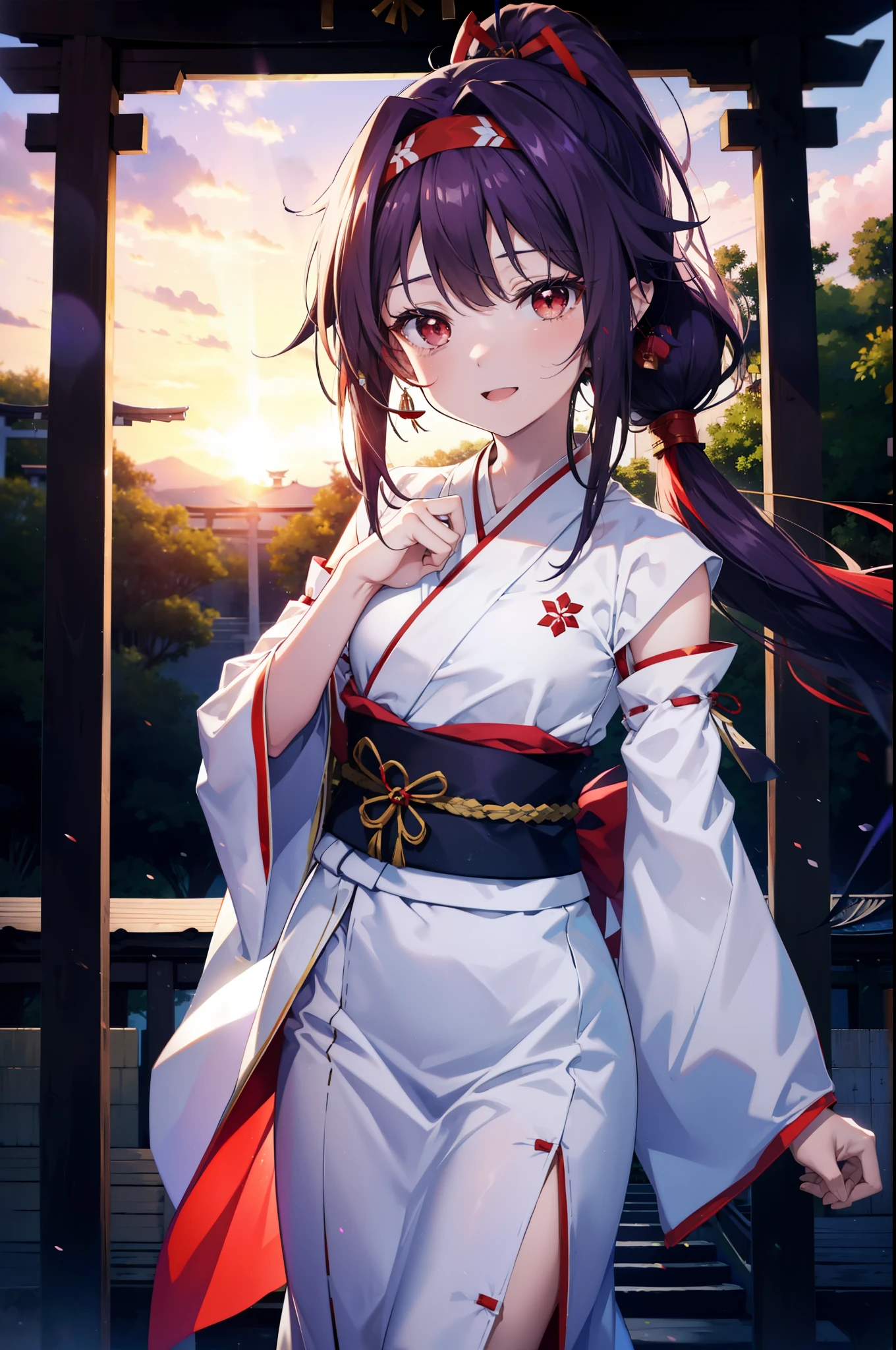 yuukikonno, Konno Yuuki, hair band, Long Hair, Pointed Ears, Purple Hair, (Red eyes:1.5), (Small breasts:1.2), Open your mouth,
happy smile, smile, Open your mouth,Platycodon grandiflorum,Miko, White Kimono,Purple Hakama Kimono, Wide sleeves, Long sleeve, Thick sleeves,Ribbon-trimmed sleeves, とてもLong Hair, Blunt bangs, Low ponytail, evening,sunset,太陽が沈んでいるbreak outdoors, shrine,torii, break looking at viewer, (Cowboy Shot:1.5), break (masterpiece:1.2), highest quality, High resolution, unity 8k wallpaper, (figure:0.8), (Beautiful fine details:1.6), Highly detailed face, Perfect lighting, Highly detailed CG, (Perfect hands, Perfect Anatomy),