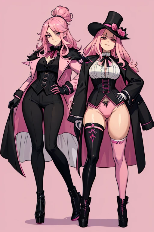 female, black long hair with pink highlights, pink eyes, (((1girl))), (((black Victorian coat with white and pink trim))), (black shirt), (black gloves), (pink vest), (brown pants), (black thigh high heeled boots), cute and sexy, large breasts, large butt, full body, long legs, smiling
