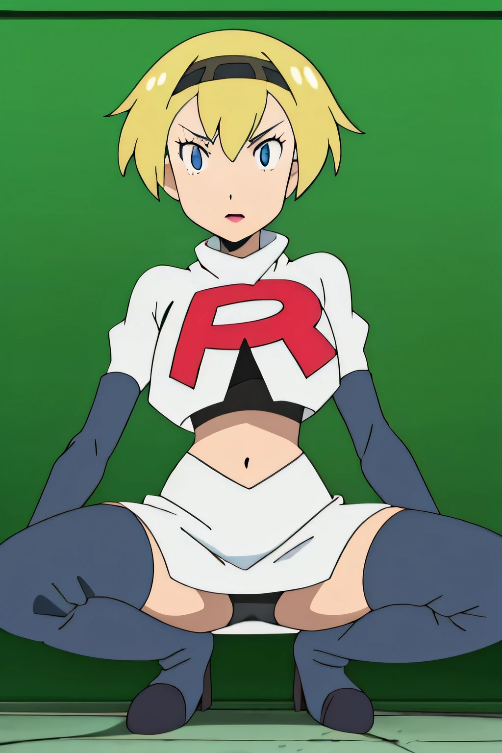 Persona3Aigis ,glossy lips, light makeup ,team rocket,team rocket uniform, red letter R, white skirt,white crop top,black thigh-high boots, black elbow gloves,squatting,black panties