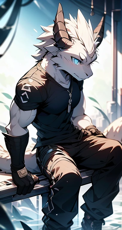 Masterpiece, Cool Pose, Furry Gray Dragon, Medium Strong Body, Blue Eyes, Grey Medium Hair, Combat Black Shirt, Combat Gloves, Combat Pants, Fierce, Good looking