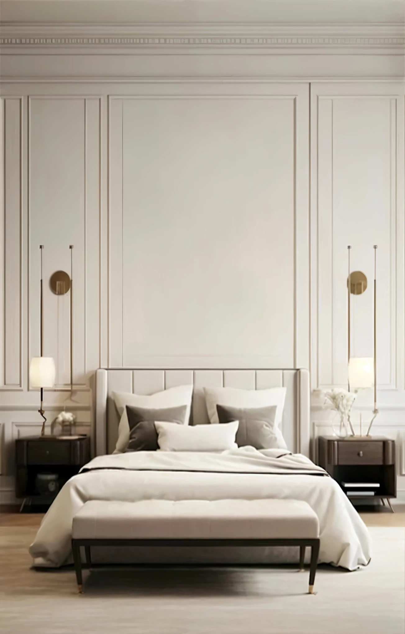 Close-up of a bed,Located in a room with white walls, neoClassical style, bedroom, 宁静的bedroom环境, Elegant and sophisticated, neo - Classical style, Smooth paneling, White bed, neoclassicism style, bedroom内饰, Bedroom background, cream colored room, classicism style, Classical style, paneled walls, ( Art Deco )