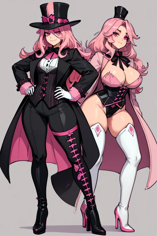 female, black long hair with pink highlights, pink eyes, (((1girl))), (((black Victorian coat with white and pink trim))), (black shirt), (black gloves), (pink vest), (brown pants), (black thigh high heeled boots), cute and sexy, large breasts, large butt, full body, long legs, smiling