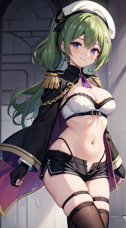 ubel,((ubel of Frieren: Beyond Journey's End )),dark green hair,long hair,side ponytail,hair between eyes,bangs, (beret, black jacket, open clothes, cleavage, midriff, black shorts, black thighhighs, thigh strap, fingerless gloves, single glove:1.2) , (dynamic angle:1.3, front view:1.1, breast focus:1.3, from below:1.2), (dynamic posing:1.5, sexy posing:1.2, leaning forward), (seductive smiling:1.3),(*K) HD, highest quality, WorKs of masters, High resolution, spread legs, panties shot,1 girl, small nose,(with sparkling eyes and a contagious smile), very beautiful detailed face and eyes, bright colors, cute face, delicate beautiful face, Bright magenta eyes, cute eyes, sparkling eyes, Big eyes, (big breasts:1.3), (perky chest:1.1), (pointed chest:1.0), medium hips, glamorous body, white skin, smile, thin pubric hair, shiny hair, super beautiful face, Super beautiful eyes, Super beautiful hair，trendy outfit，sexy and attractive，explosion of colors，big hairpin，full body esbian，illegal occupation, Real World, Natural light,perfect Natural light,looking at viewer,