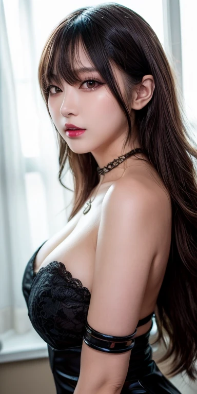 Canon RF 85mmf/1.2,masutepiece,Best Quality,超A high resolution,tu,1 girl,(Korean mixed,Kpop Idol:1.2),Solo,white_shiny_skin,Black eyes,Necklace,brown_long_Wavy_hair,Red lipstick dark_shiny_Lips,Eyelashes,Bangs,deal,make - up,shiny,Pore,skin texture,Bracelet,off shoulders,See-through,Big breasts