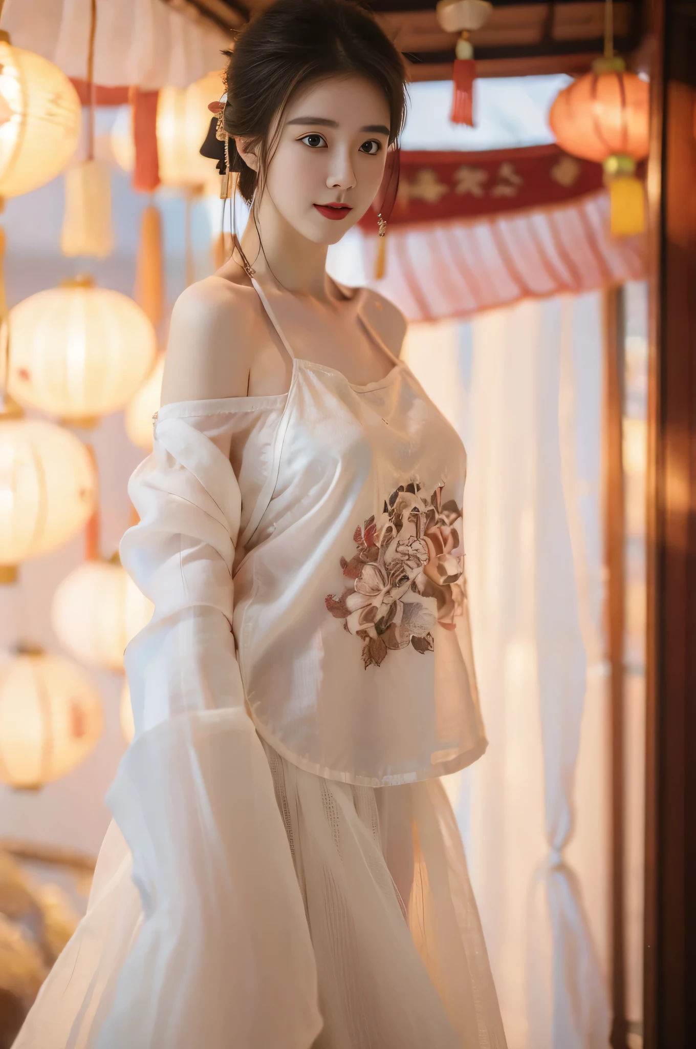 1 girl,(best quality, masterpiece:1.2), Super detailed,Solo selfie,off shoulder dress,Chinese Princess, (Pink belly pocket) ( Hanfu:1.3, ),Vision,Background Bokeh