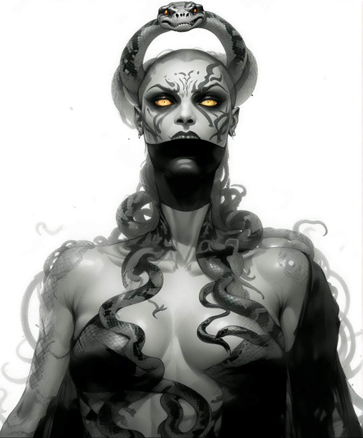 Medusa, splash page decompressed comic cover art, ink style figure, candid, snake skin dress, ((art style expressive Joelle Jones and "Sean Gordon Murphy" comic drawing)), cinematic poster double exposure, optical illusion, image within image, abyss void black no visibility darkness, full body portrait, (background, pine barrens, entropy, rewilding, magic hour sunset with galaxy stars, cosmos), (horror, abstract, surreal, body, cosmic), body drawn in Frederic Delavier musculature anatomical illustration art style, (face, ornate black metal corpse paint, resembles Grace Jones), (body, Naga, snakefolk, lower body snake tail, snake woman hybrid, bald, hairless, skeleton, snake skin tattoos, piercing eyes, snake pupils, over the shoulder), (colors, merge bleak muted deep fiery radiant glowing ROYGBIV, forest green to earth brown), craftsmanship nuance, (art style Gerardo Zaffino charcoal), subliminal orchids, nyctophobia, (wordless, single image), silhouette

