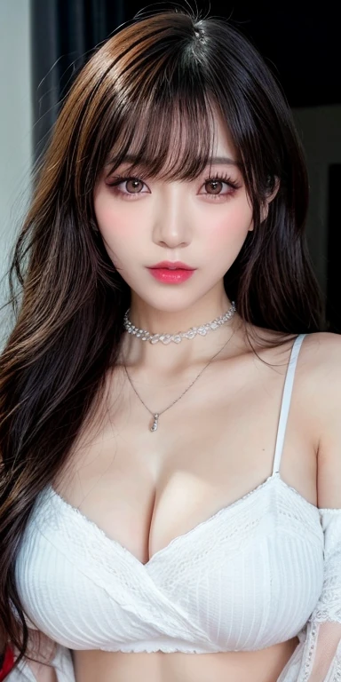 Canon RF 85mmf/1.2,masutepiece,Best Quality,超A high resolution,tu,1 girl,(Korean mixed,Kpop Idol:1.2),Solo,white_shiny_skin,Black eyes,Necklace,brown_long_Wavy_hair,Red lipstick dark_shiny_Lips,Eyelashes,Bangs,deal,make - up,shiny,Pore,skin texture,Bracelet,off shoulders,See-through,Big breasts