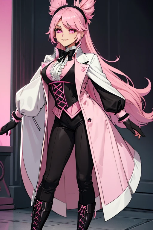 female, black long hair with pink highlights, pink eyes, black wolf tail with pink trim, (((1girl))), (((white Victorian coat with pink trim))), (black shirt), (black gloves), (pink vest), (brown pants), (black thigh high heeled boots), cute and sexy, large breasts, large butt, full body, long legs, smiling