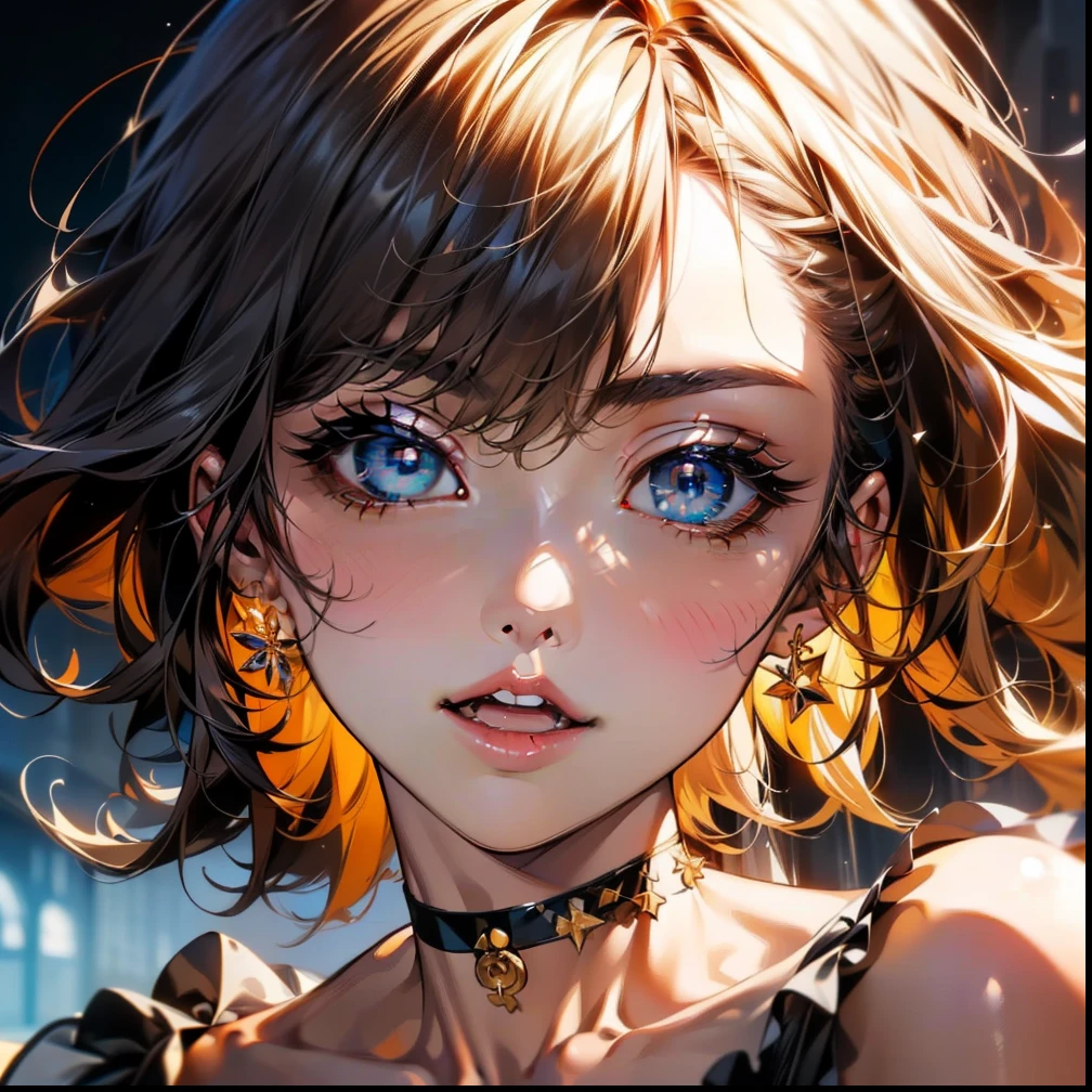 (masterpiece)(8k)(cute)(25-year old woman)(1girl:1.5)(solo:1.8)(facial close-up:1.3)(finger on lip:1.2)(wild messy hair:1.3)(short hair:1.3)(orange hair)(flat chest:1.6)(flat stomach:1.4)(white bandana:1.2)(lime green pupils)(glossy skin)(glossy lips:1.3)(glossy eye-shadow:1.5)(shiny)(choker necklace)(translucent lingerie)(seductive smile:1.3)(sexy)(confident)(balcony) rossdraws pastel vibrant, rossdraws cartoon vibrant, style anime 8k, beautiful portrait, artgerm colorful!!!, ! dream artgerm, beautiful anime girl, styled digital art, art wallpaper 8k, digital art, extremely detailed artgerm,