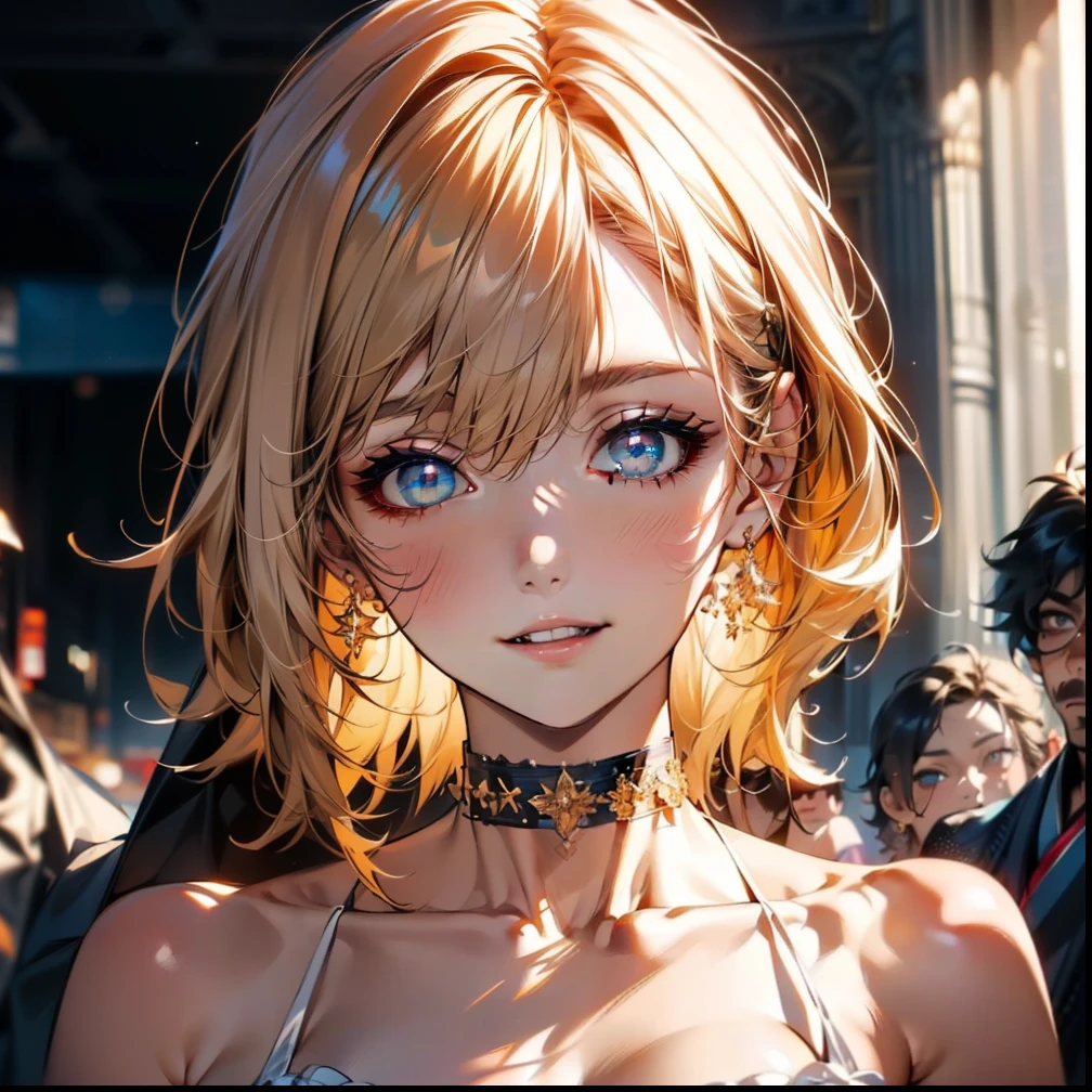 (Detailed eyes:1.4), beautiful, beautiful woman, Perfect Anatomy, Perfect body, Perfect breasts, ((choker:1.6)), Captivating Gaze, smile, realism, ((masterpiece, rough skin , Very detailed, Attention to detail, high quality, 最high quality, 1080p, 32k, Perfect Anatomy))
