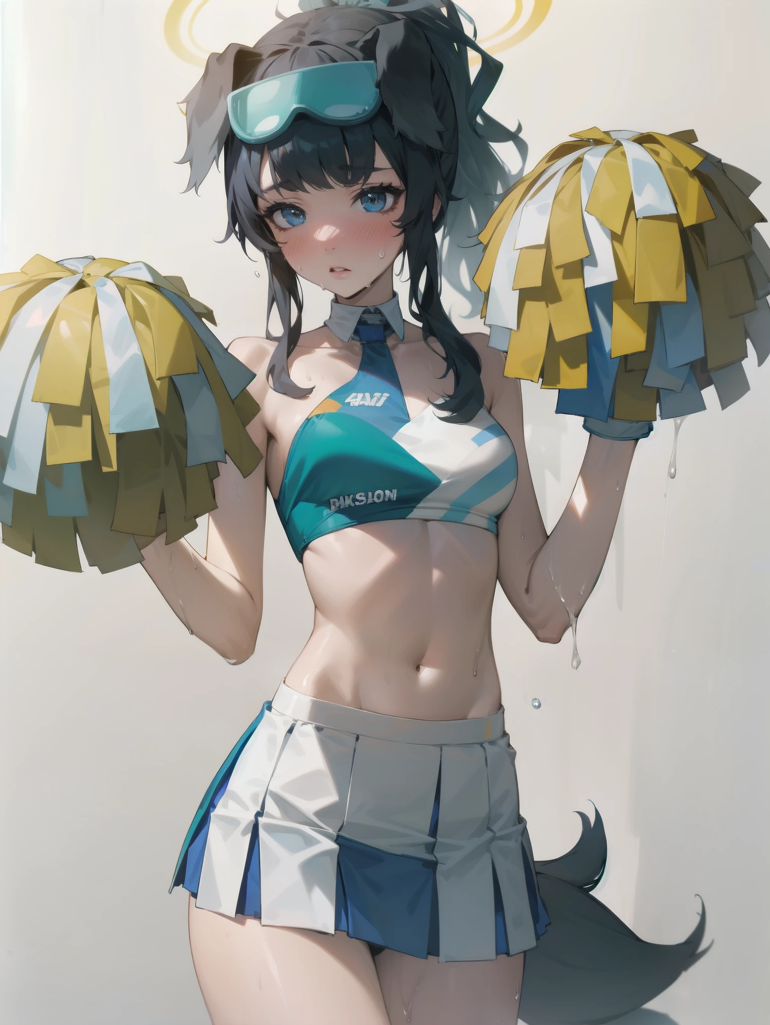 masterpiece, official art, extremely detailed cg unity 8k wallpaper, highly detailed, absurdres, 8k resolution,1girl, solo,long hair, breasts, blush, bangs, blue eyes, skirt, simple background, black hair, gloves, white background, navel, holding, animal ears, cleavage, bare shoulders, medium breasts, tail, ponytail, sweat, midriff, white gloves, stomach, official alternate costume, crop top, halo, white skirt, goggles, dog ears, eyewear on head, goggles on head, dog tail, dog girl, cheerleader, pom pom \(cheerleading\), holding pom poms, hibiki \(blue archive\), hibiki \(cheerleader\) \(blue archive\),hibikiG,hibiki,