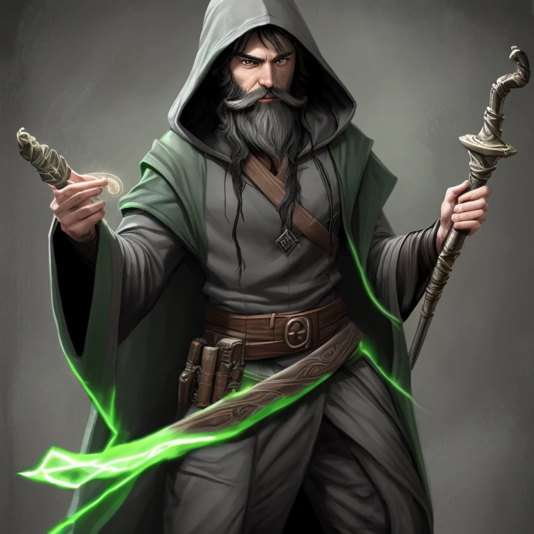 Male, Wizard Smuggler, grey hooded robe with arcane runes, black hair and beard, green eyes.