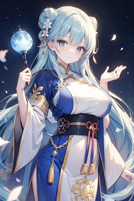((4k,masterpiece, best quality)),hanfu,mature girl, big breasts , solo, long blue hair, smiling,