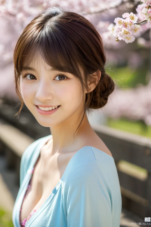 (masterpiece:1.3), (8K, Photorealistic, Raw photo, Best image quality: 1.4), Japanese female university student、(Random hairstyle:1.2)、Cleavage:1.2、Super detailed face、Eye for details、double eyelid、Chest to chest、Sharp focus:1.2、Beautiful woman:1.4、Light brown hair、highest quality、masterpiece、超A high resolution、(Photorealistic:1.4)、非常に詳細でプロフェッショナルな照明のsmile、thin、smile、Short-haired、Fatal position large breasts:1.3、Spring outfit、Cherry Blossom Viewing