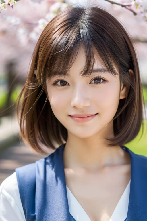 (masterpiece:1.3), (8K, Photorealistic, Raw photo, Best image quality: 1.4), Japanese female university student、(Random hairstyle:1.2)、Cleavage:1.2、Super detailed face、Eye for details、double eyelid、Chest to chest、Sharp focus:1.2、Beautiful woman:1.4、Light brown hair、highest quality、masterpiece、超A high resolution、(Photorealistic:1.4)、非常に詳細でプロフェッショナルな照明のsmile、thin、smile、Short-haired、Fatal position large breasts:1.3、Spring outfit、Cherry Blossom Viewing