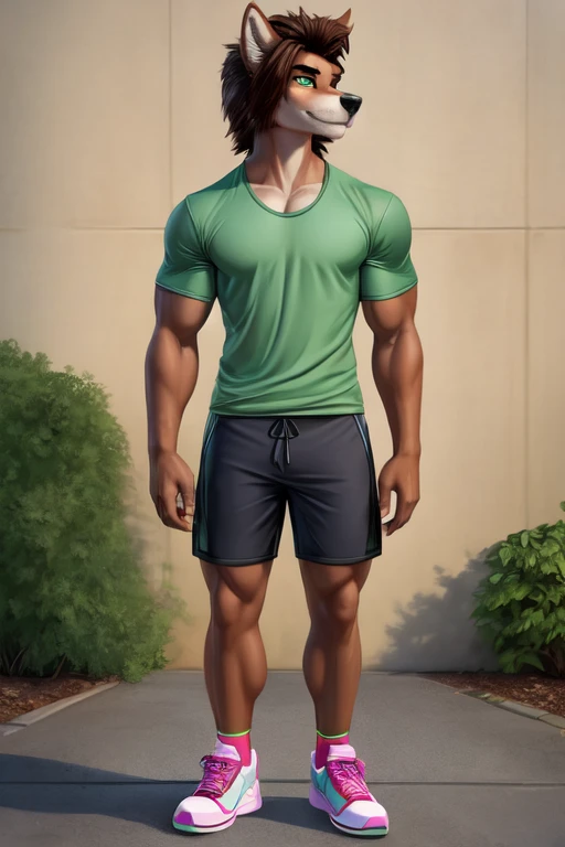 ((best quality)), ((masterpiece)), (detailed), perfect face, furry, anthropomorphic wolf, Russet fur, dark brown hair, dark green eyes, 41" Chest, 19" Shoulders, 13" Biceps, 32" waist, 23" Thighs, 15" Calves, 19" Back, slim, twunk, wearing green jacket, Xanadu T-shirt, wearing Grayish-green sweat shorts, wearing dark slate gray slip on shoes, perfect shading, soft shading, soft colors, vivid colors, pastel colors