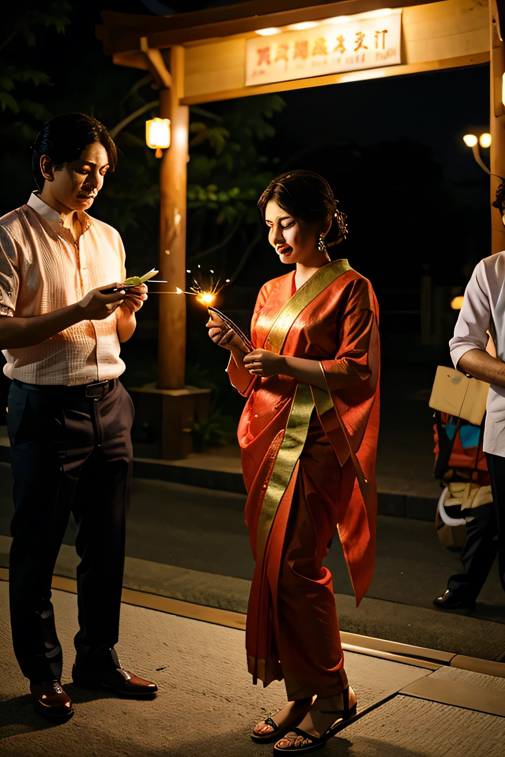 night time in japan, people are wearing saree and kurta outfits and cracking fire crackers