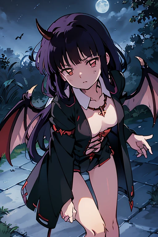 Adult women，Purple gray skin，expressionless，Temporarily white skin，Sharp Claw，Skin whitening，little color，Female vampire，Evil expression，Long hair reaching knee length，Gold hair，Tall and slim，Devil's Horn，Devil's wings，Chest revealing clothing，Navel exposed suit，Fishnets，Flying in the air，late at night，Vampire Teeth，Sharp Claw，full moon，crotch tattoo，Thin waist and fat arms，Devil Wings，crotch tattoo，Both hands，legs，Twist the waist，poker face