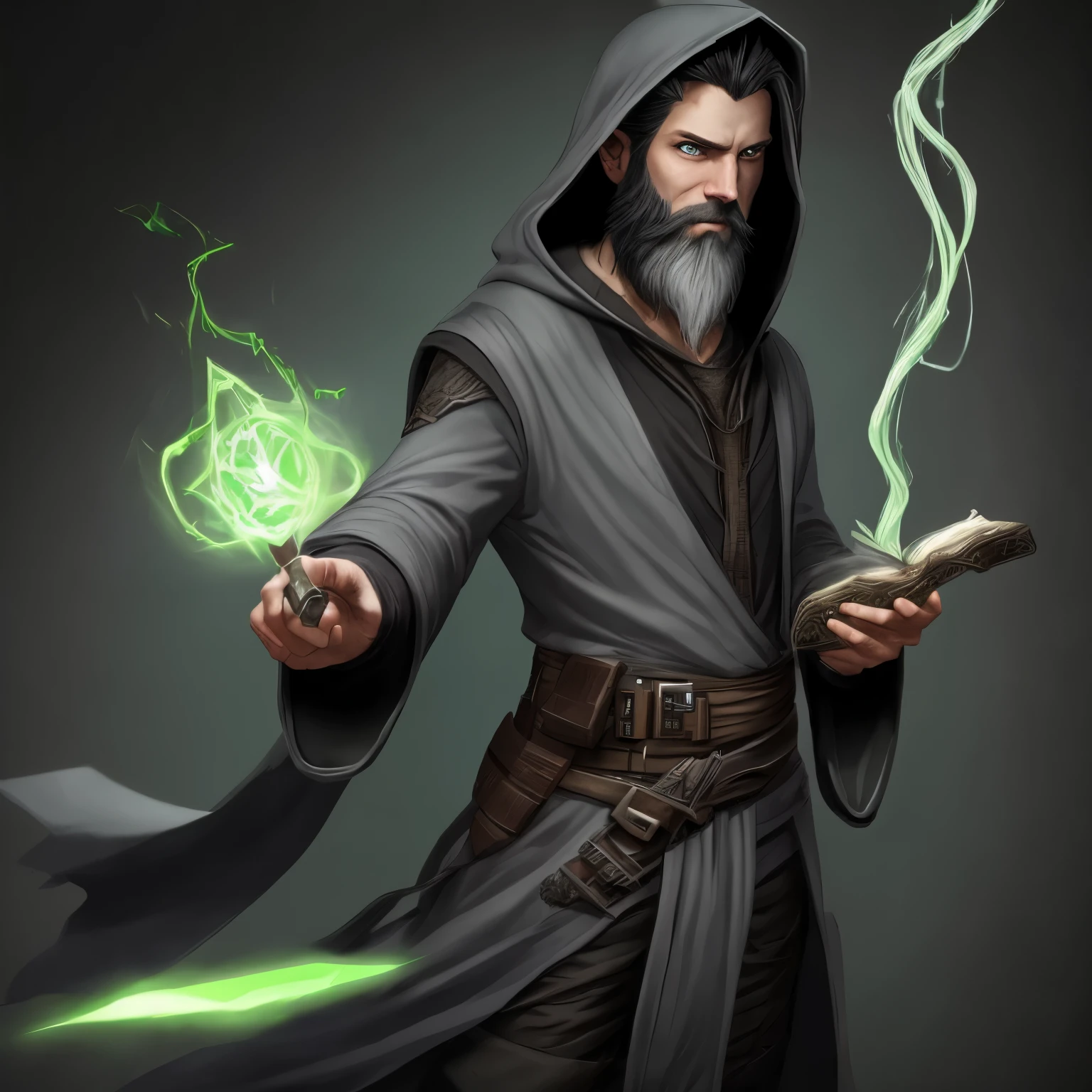Male, Wizard Smuggler, grey hooded robe with arcane runes, black hair and beard, green eyes.