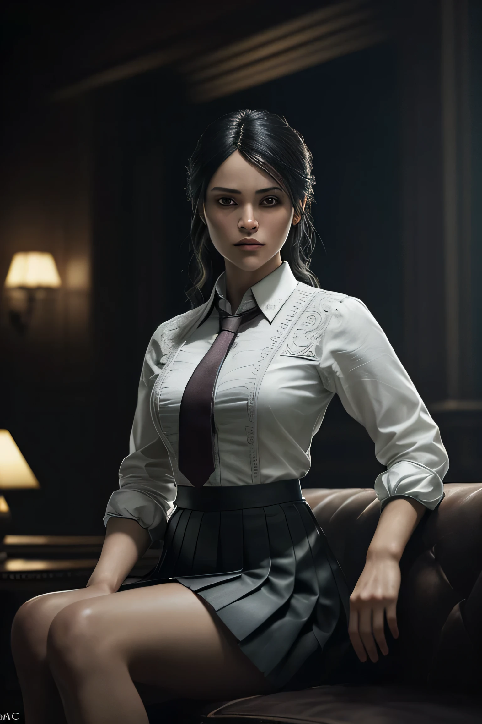 (masterpiece), (extremely intricate:1.3), (realistic), a girl, (dark fantasy, gore), (dynamic perspective), the most beautiful in the world, (kick viewers lightly), indoors, from below, shirt, tie, pleated skirt, smirk, sitting on the couch, Aomori, Haifa, professional photograph of a stunning woman detailed, sharp focus, dramatic, award winning, cinematic lighting, octane render unreal engine, volumetrics dtx, (film grain, blurry background, blurry foreground, depth of field)