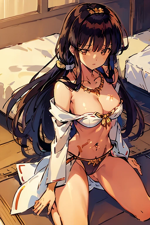 Altria,kneeling,female Pharaoh,very pretty and charming,low-cut,Navel exposed suit,Chest revealing clothing,A haughty expression,crotch tattoo,Kneeling on the bed,crotch tattoo,crotch tattoo,,Cleavage,Gold headwear