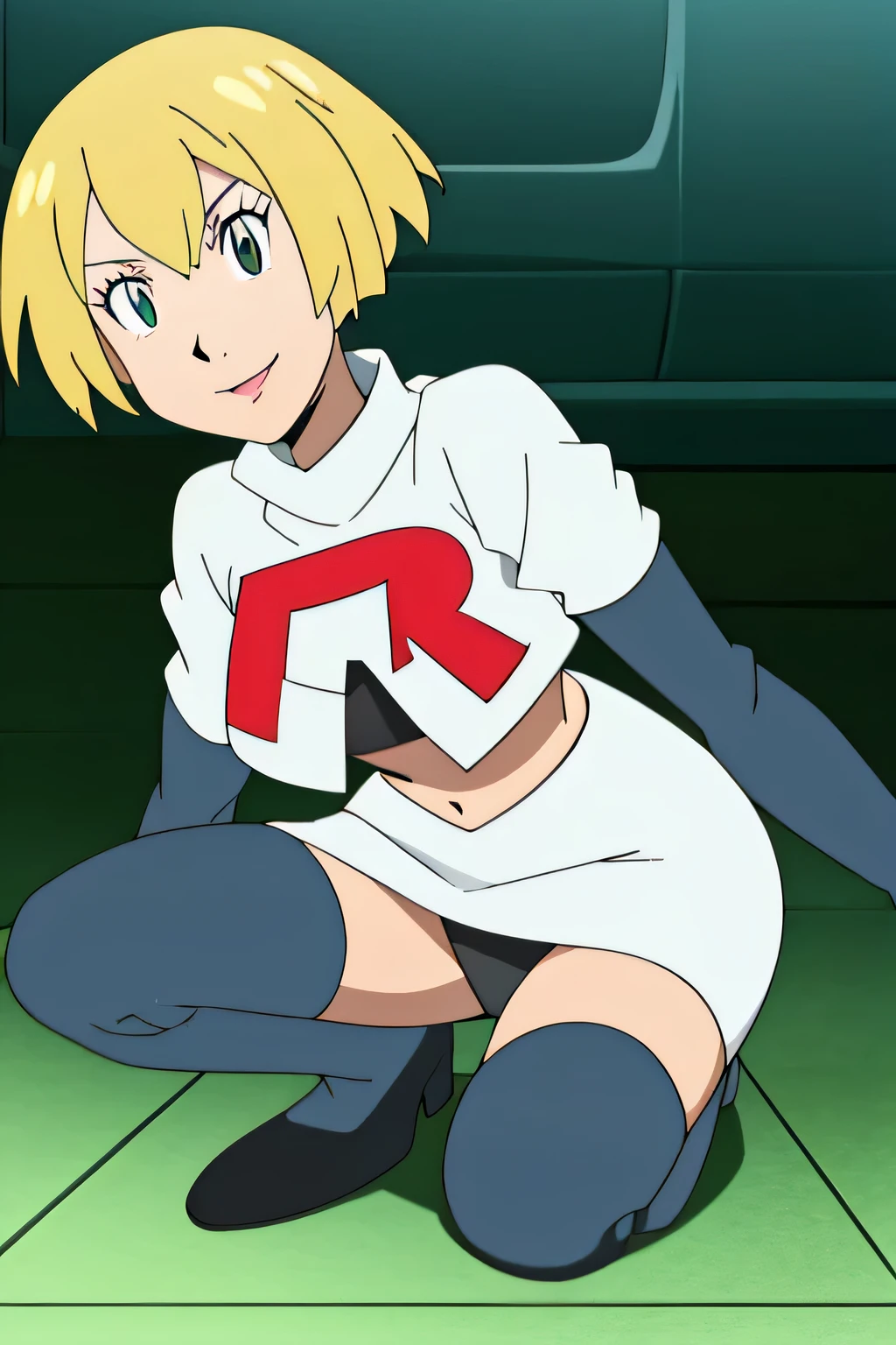 Persona3Aigis ,glossy lips, light makeup ,team rocket,team rocket uniform, red letter R, white skirt,white crop top,black thigh-high boots, black elbow gloves,squatting,black panties,evil smile