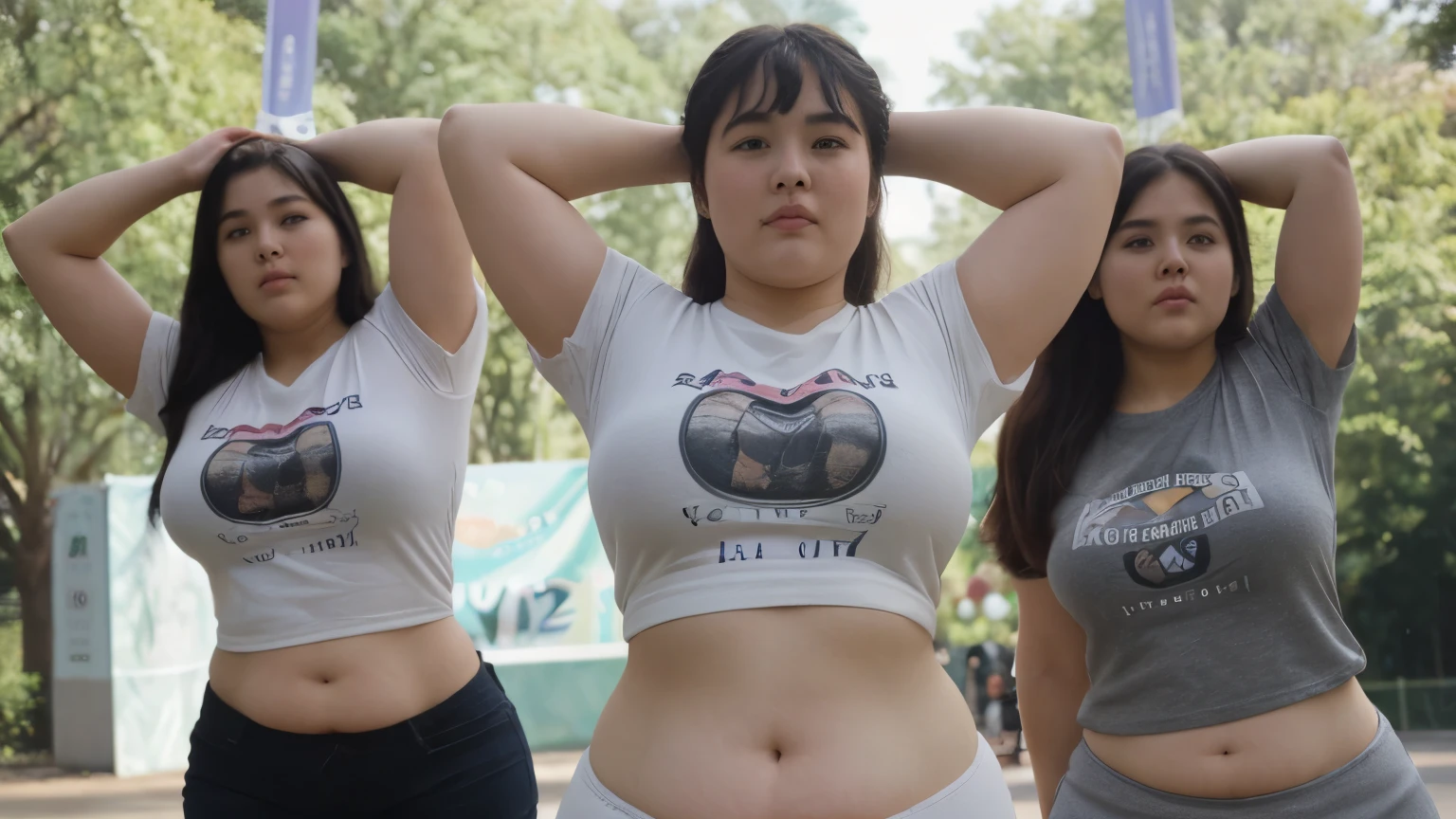 (extra detailed body、extra detailed face、best qualtiy:1.2)、femele、(((plump)))、looking at the viewers、(t-shirt)、(park in the background),From the stomach up、leaning to the right、(((raise both hands up))), (((chubby 70kg))), (((stretch)))