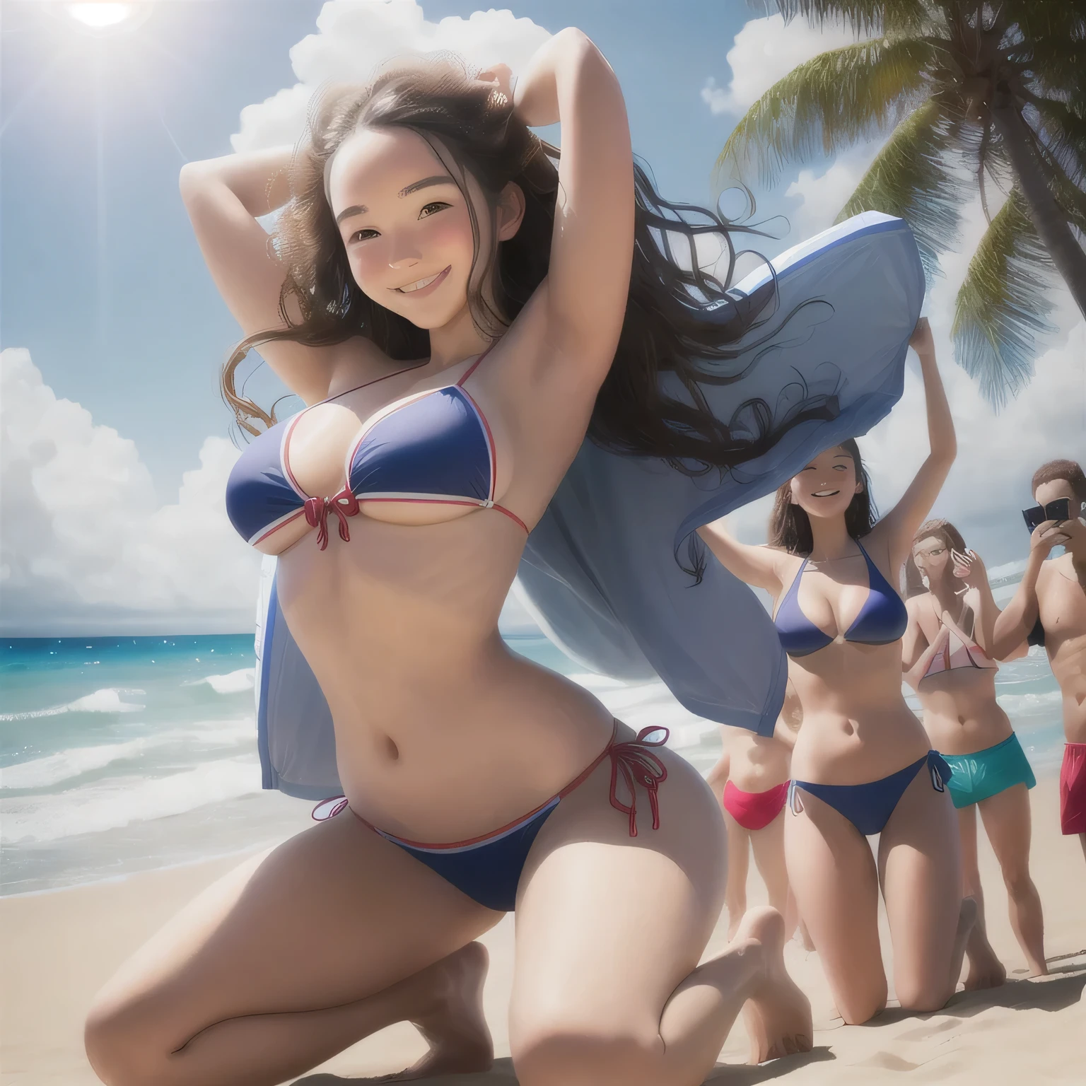 woman in bikini,Hands raised above your head,Fair skin,Smile,student,beach,Kneeling,Abdominal exposure,Stand upright,Plenty of light from the front