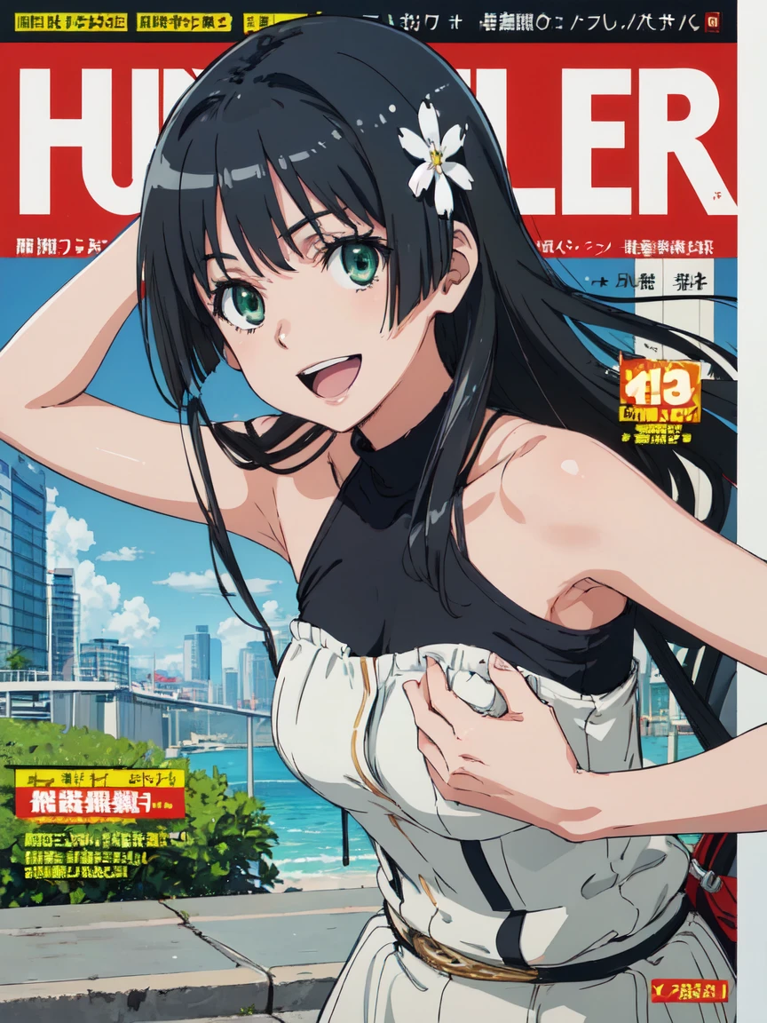 hustlercover, (High resolution:1.4), (masutepiece:1.2), (High quality:1.3) 1girl, saten ruiko, hair ornament, green eyes, long hair, black hair, small breast, huge smile. open mouth