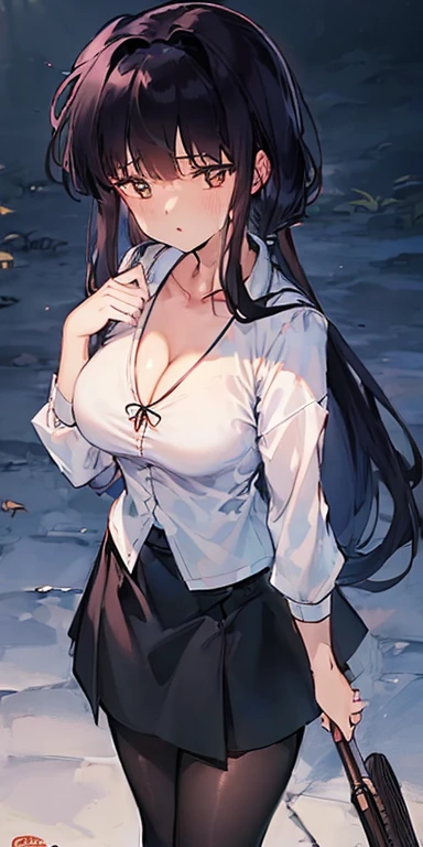 ((top quality, 8k, masterpiece: 1.3)), female teacher，White shirt，black miniskirt，Black pantyhose，The neckline opens，Cleavage，Sexy，Professional beauty，Unfastening the chest collar，Swaying posture，Beautiful curves，Place your left hand on your chest