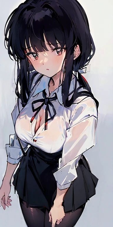 ((top quality, 8k, masterpiece: 1.3)), female teacher，White shirt，black miniskirt，Black pantyhose，The neckline opens，Cleavage，Sexy，Professional beauty，Unfastening the chest collar，Swaying posture，Beautiful curves，Place your left hand on your chest