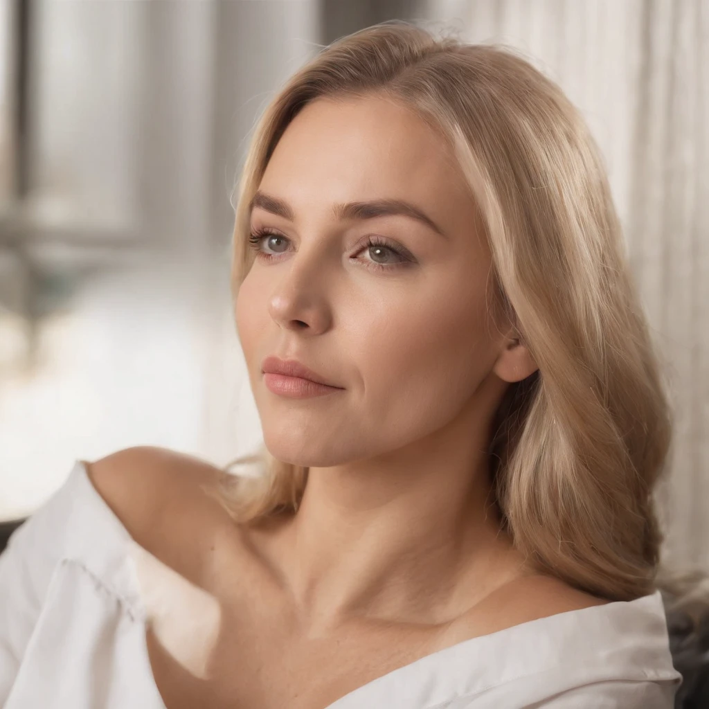 (chef-d&#39;artwork, best quality:1.2), 1fille, Seulement, beau, Realistic, hyper realistic, russe, cheveux blonds avec des reflets brun, sexy, gros seins, pull ,corps entier, Sitting on a sofa, relaxation position