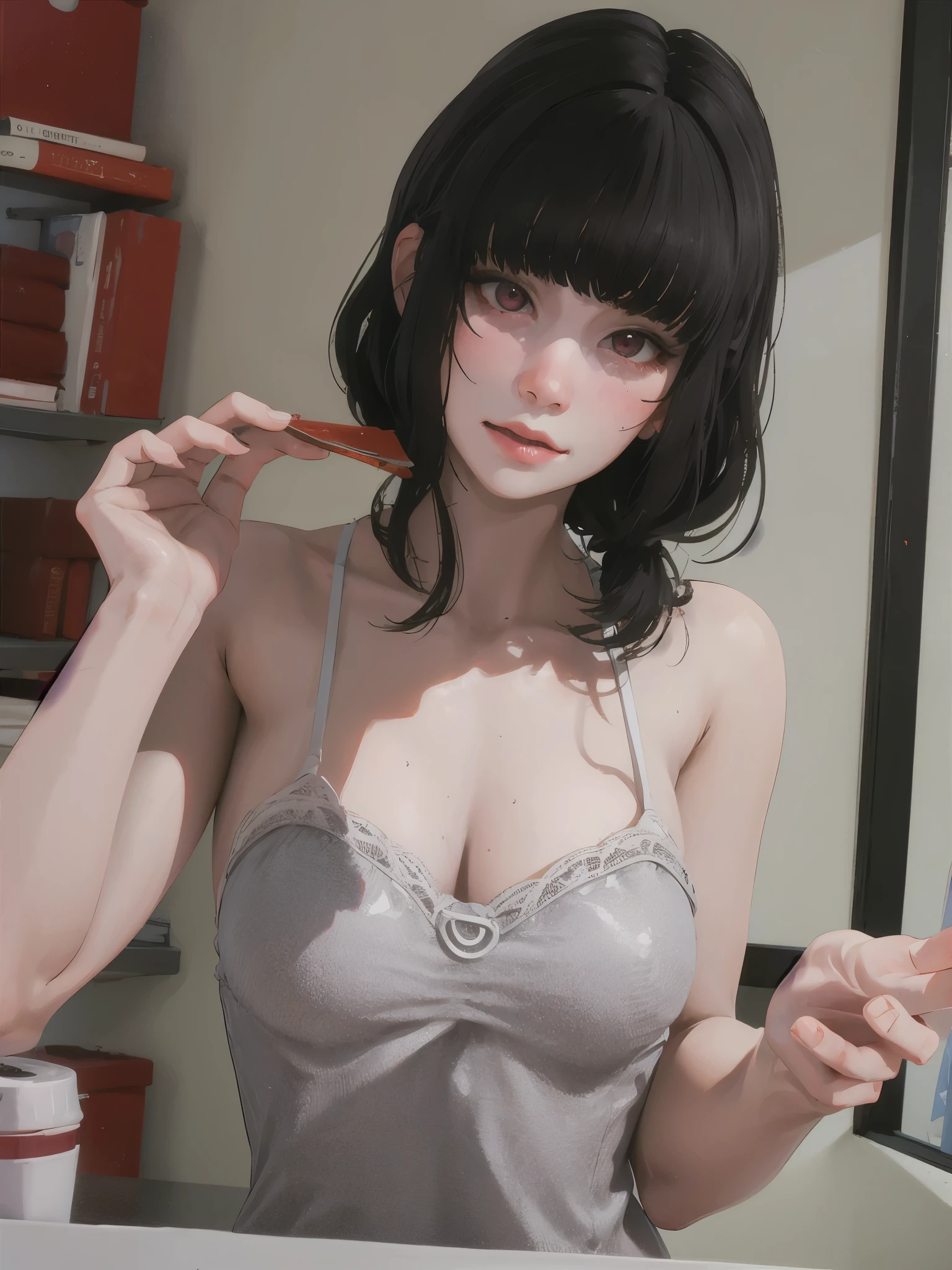 masterpiece, highly detailed, best quality, 1girl, solo, Luna, black hair, red eyes, blunt bangs