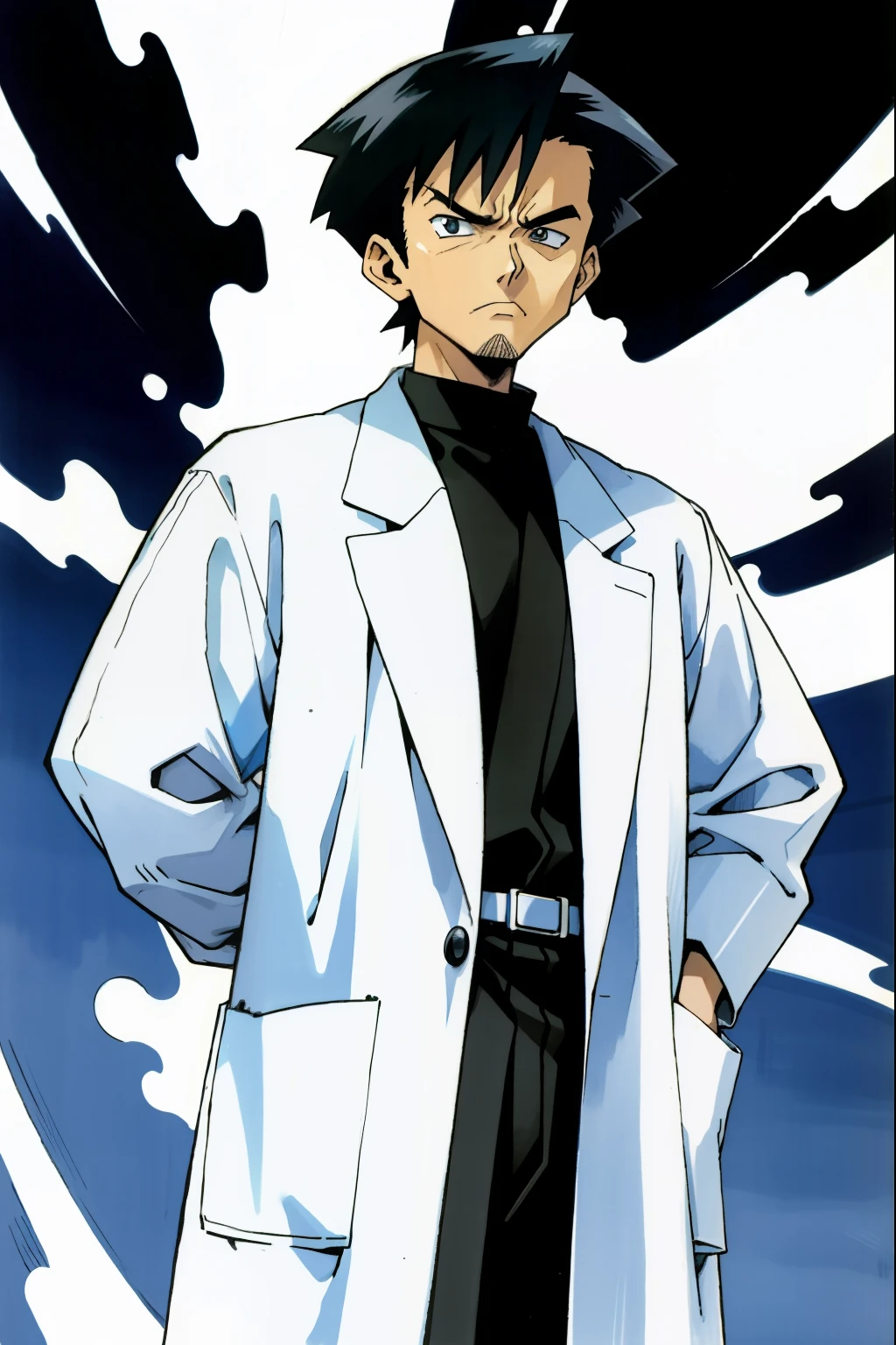 by Ken Sugimori, sugimori 1990s, ((only 1man)), scowling, doctor, white labcoat, ((hands behind their back)), full black pupils, manga, best quality, highly detailed, clean lines, cowboy shot, good hands, good eyes, hd, 8k, professional, symmetrical, hires, 8k,