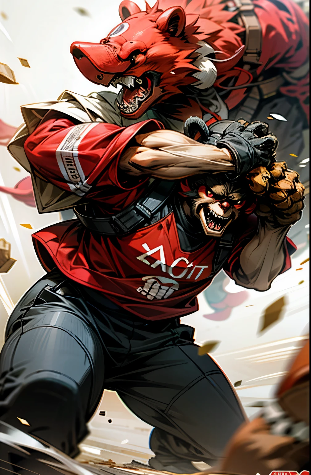 A bear wearing a Peru shirt crushing a red bear 
