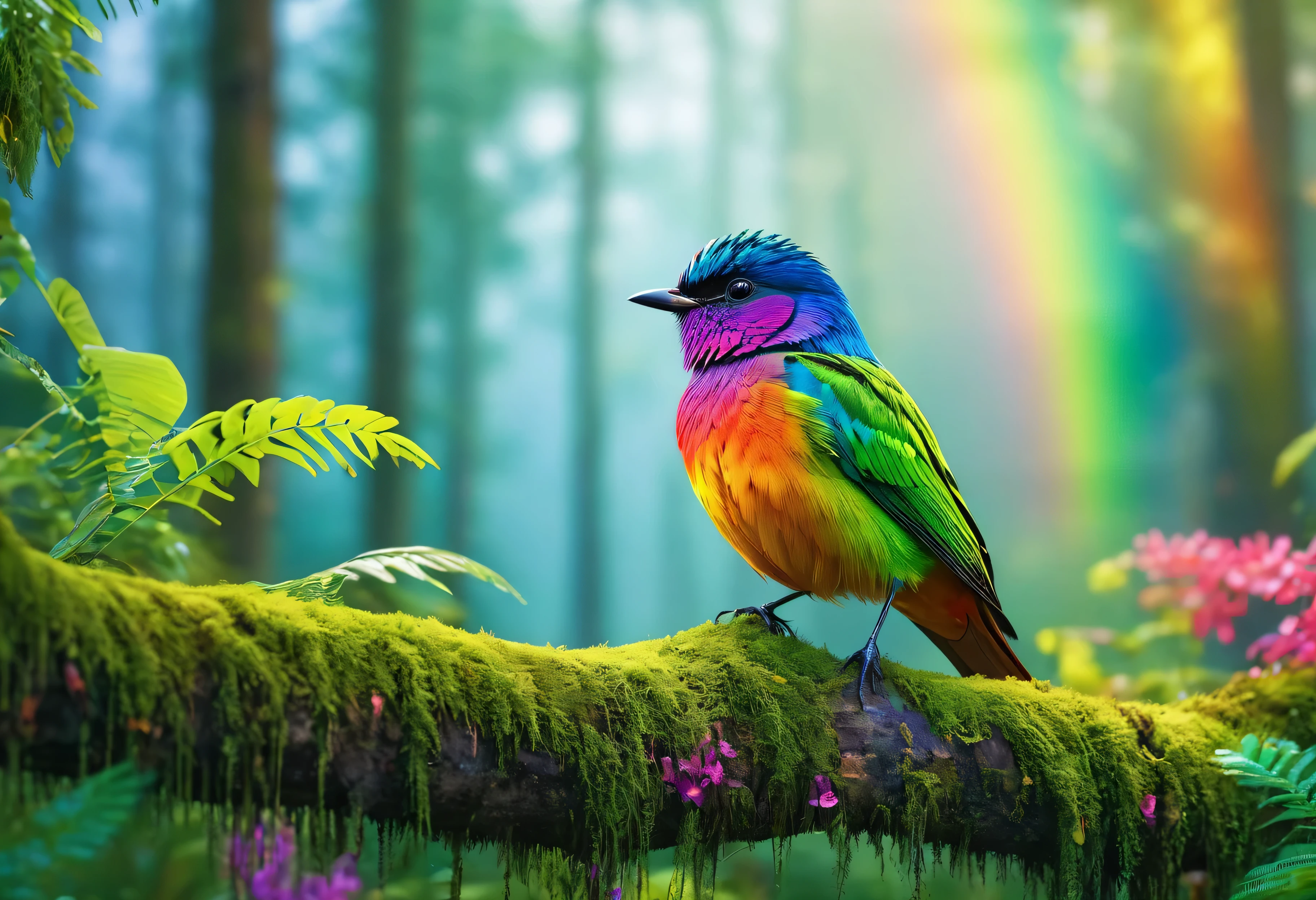 One beautiful bird, high resolution, high quality, master piece, cute photo, 8K, rainbow color, in the forest