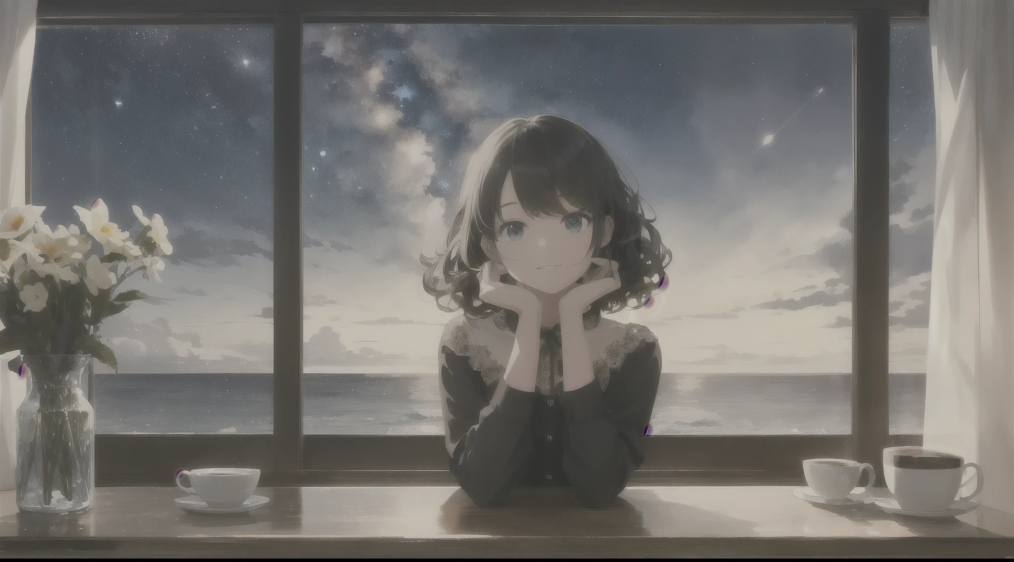 (highest quality: 1.5), (Super detailed: 1.5), (highest quality Photo: 1.5), Cafe,coffee,Outside the window, the sea as far as the eye can see, Starry Sky, Meteors, horizon, Pitch black sea, Midnight, Midnight, Milky Way, nebula, Particles of light, Very delicate and beautiful, very detailed, Mysterious, Cinematic Angles, 8k resolution, elegant, perfection, Smooth,Beautiful girl looking forward,one person, very cute, curly,