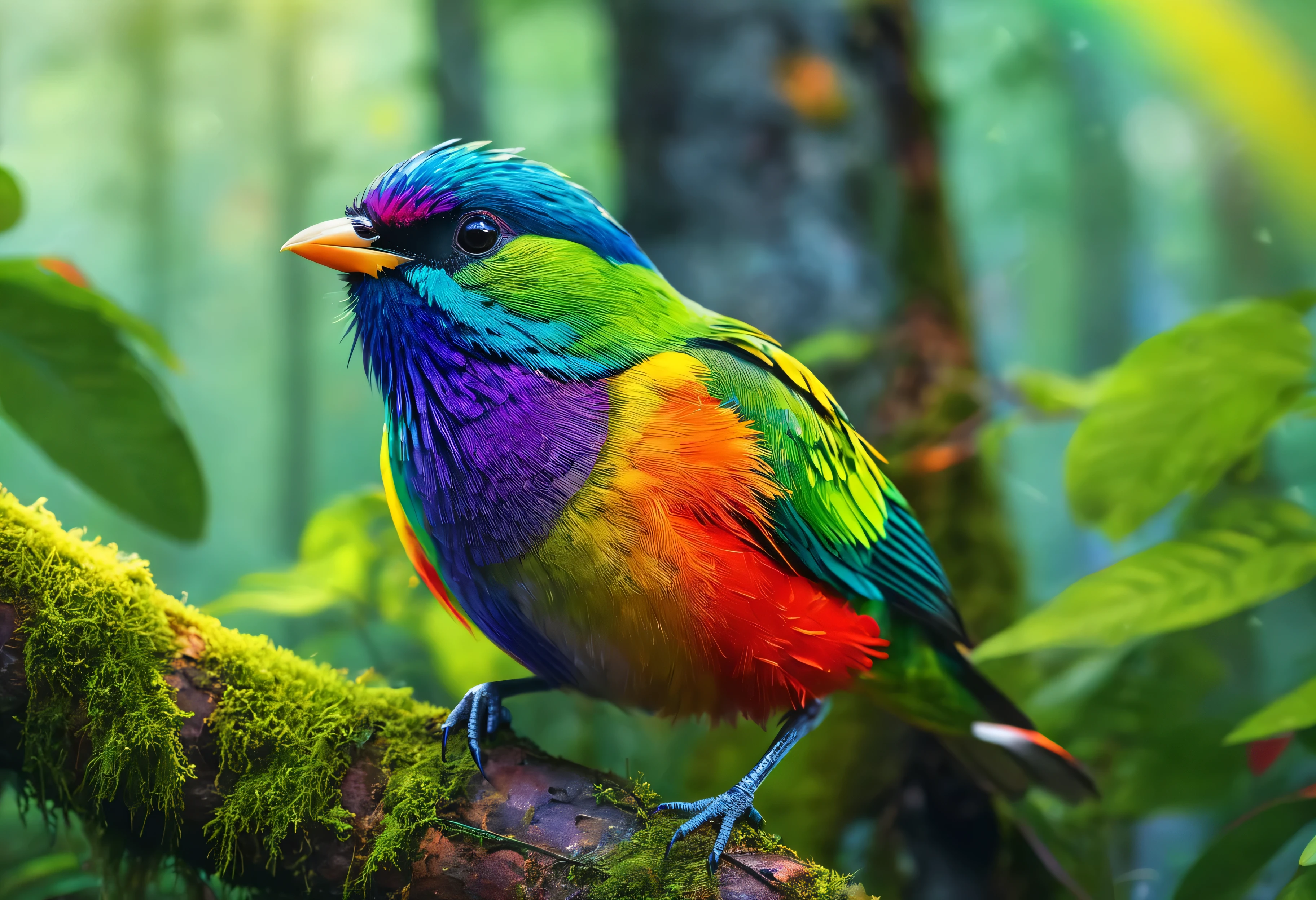 One beautiful bird, high resolution, high quality, master piece, cute photo, 8K, rainbow color, in the forest