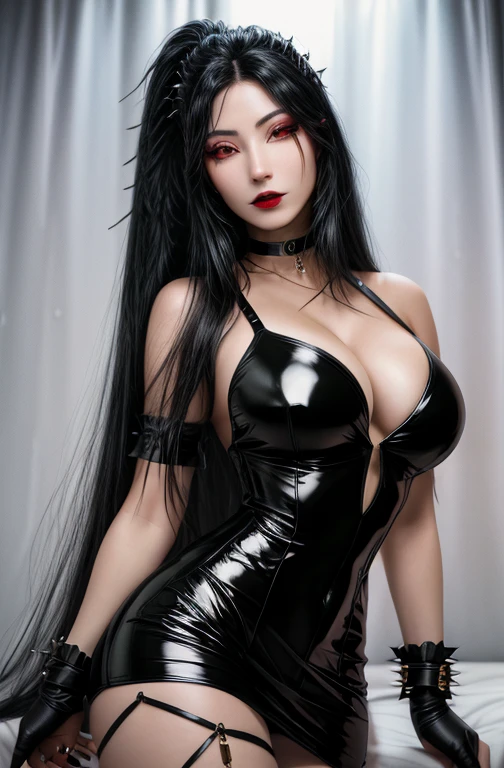 (Photorealist: 1.4) (masterpiece) (super high quality) (high resolution) Woman with long black hair having a gothic hair style, has black eyes,having very large thighs and extremely large voluminous breasts,wearing very short gothic clothes with cleavage, wearing a leather choker bracelet with thorns on the choker,wearing black lipstick and posing in a very sensual and sexy way while smiling in a room