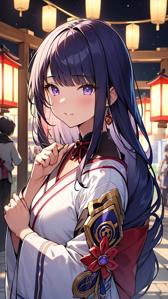Raiden Shogun,1girl,exquisite eyes,beautiful,detailed lips,wearing a beautiful kimono,attending a summer festival under a starry night sky with Yae Miko. The girl is exploring the festival shop and admiring the colorful decorations and traditional crafts. The scene is filled with vibrant colors and a festive atmosphere. The artwork is a masterpiece with high resolution and ultra-detailed portrayal of the characters and their surroundings. The summer festival theme is emphasized, with the warm tones and joyful ambiance showcased through the lighting and colors. [Genshin Impact] style is incorporated to capture the essence of the game. (Best quality, 4k, 8k, highres, masterpiece:1.2), ultra-detailed, realistic, vivid colors, bokeh, portrait, traditional Japanese elements, festive atmosphere.