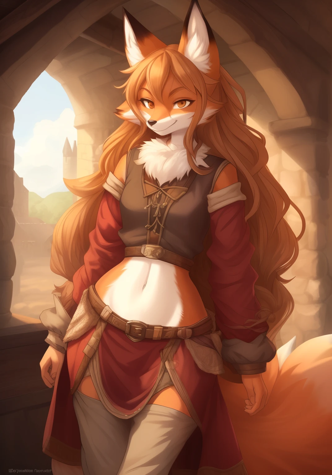 Best quality, super detailed illustration, warm colors, Ideal lighting, perfect detail, (Fox girl:1.4), high, majestic, fluffy fur, disheveled thick hair, bandit clothing in the Middle Ages, smug smile, half-closed eyes ,small waist, wide hips, slim, perfect body, DND style