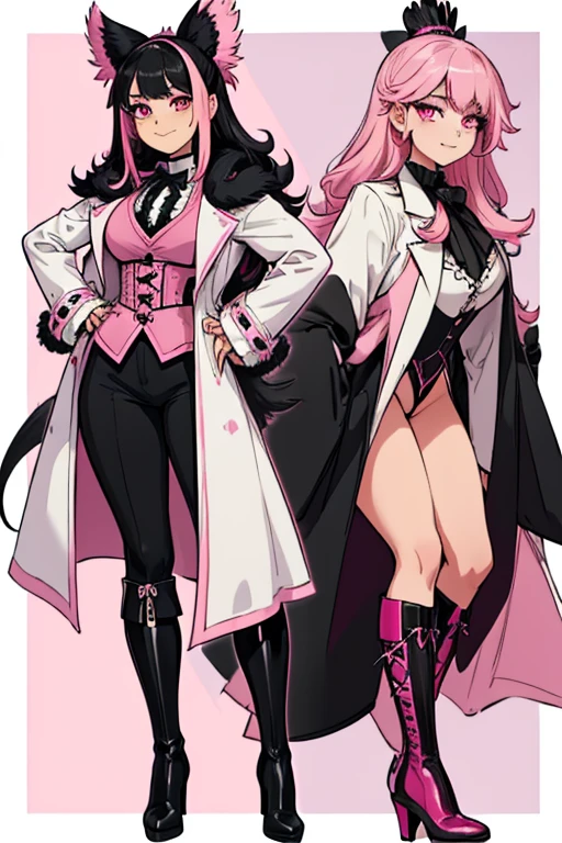 female, black long hair with pink highlights, pink eyes, black wolf tail with pink trim, (((1girl))), (((white Victorian coat with pink trim))), (black shirt), (black gloves), (pink vest), (brown pants), (black heeled boots), cute and sexy, large breasts, large butt, full body, long legs, smiling
