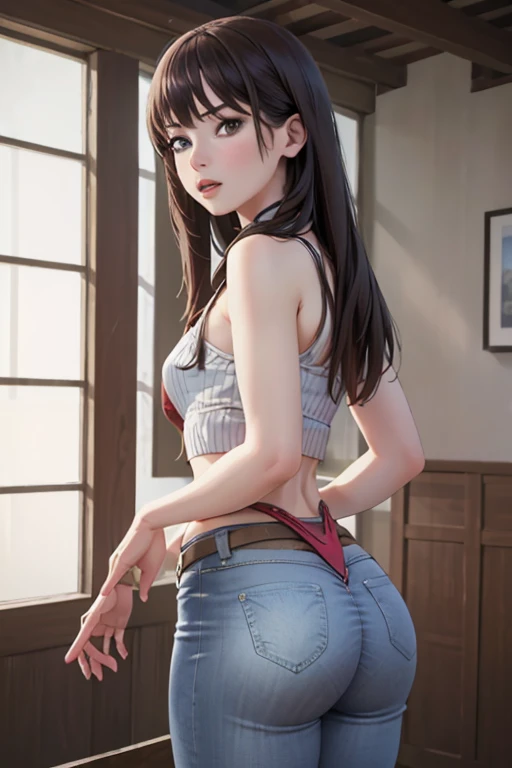 (1.woman, Solo), 8K, ((Mastepiece)),(((highest quality))),((Super detailed)),((((Realism)))), Photorealistic:1.37, (Ultra-realistic), (An illustration), (High resolution), (Very detailed), (最高のAn illustration), (Super detailed細壁紙), (Detail face), (Beautiful expression), ((詳細 highest qualityのスキン:1.2)), (Super detailed細な背景, Detailed background), 美しいwomanが道を歩いているビジョンフロー, The sun shines on her pink T-shirt and faded high-rise blue jeans., ((The fabric grain is visible, High-definition depiction of jeans)), A red car running in the background, A world of sparkling lights, ((A firm, perky butt in jeans, Small waist, Tight thighs with gap)), Buckshot, Rear view.