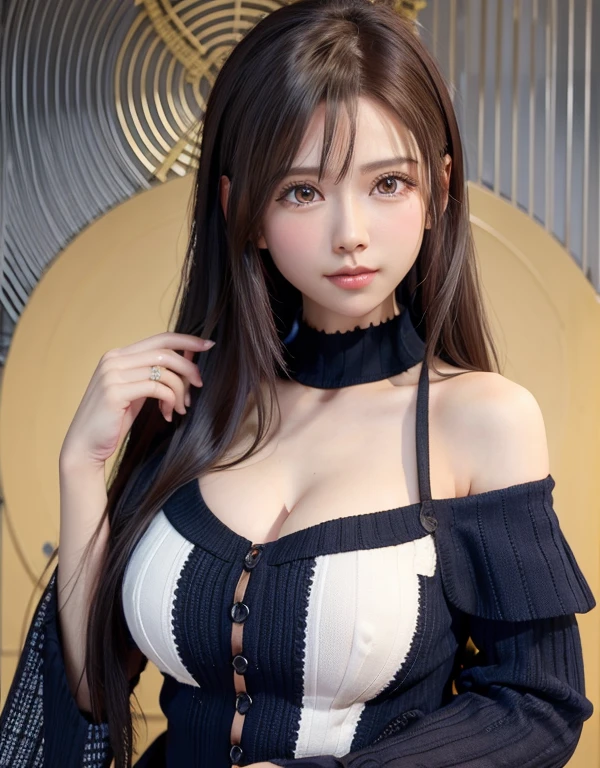 high quality picture, masutepiece, detailed hair texture, Detailed skin texture, Detailed Cloth Texture, 8K, Add fabric details, ultra detailed skin texture, ultra detailed photographic, Skin pores, Portrait of a girl, Wear a off shoulder sweater:1.5,v-cut off,cleavage,Add cloth details