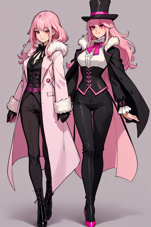 female, black long hair with pink highlights, pink eyes, (((1girl))), (((black Victorian coat with white and pink trim))), (black shirt), (black gloves), (pink vest), (brown pants), (black thigh high heeled boots), cute and sexy, large breasts, large butt, full body, long legs, smiling