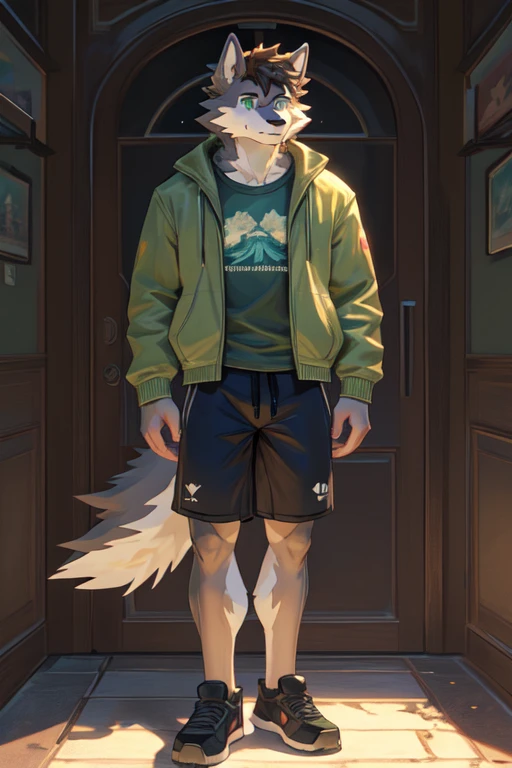 ((best quality)), ((masterpiece)), (detailed), perfect face, furry, anthropomorphic wolf, Russet fur, dark brown hair, dark green eyes, 41" Chest, 19" Shoulders, 13" Biceps, 32" waist, 23" Thighs, 15" Calves, 19" Back, slim, twink, wearing green jacket, Xanadu T-shirt, wearing Grayish-green sweat shorts, knee length shorts, wearing dark slate gray slip on shoes, perfect shading, soft shading, soft colors, vivid colors, pastel colors