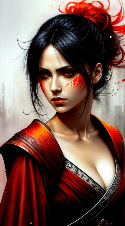 Luis royo style, acrylic paint and spray paint, 8K, rule of thirds, intricate, dark lighting, Flickr, well focused, atmospheric, dramatic, very detailed, make-up, very beautiful, make-up, reflection, low angle, sword reflection, samurai, long hair, White kimono, strapless, traditional architecture, night,(red moon), (fog), (silhouette), (expressionless), (ghost), fantasy, high contrast, ink strokes, explosions, overexposure, orange and red tone print, abstract, (watercolour painted by John Berkey and Jeremy Mann), brush strokes, negative space, detailed face, perfect face, cleavage, solitary focus, (close up)